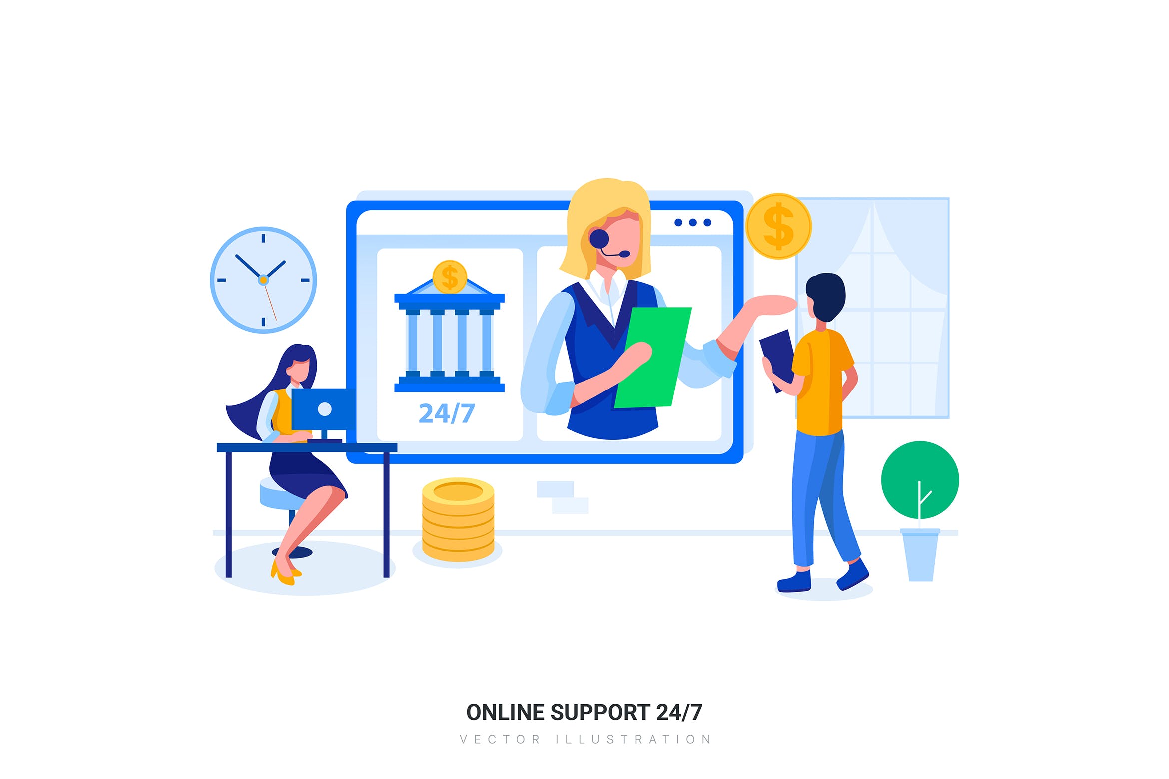 24小时在线服务业务场景扁平化矢量素材库精选概念插画素材 Online Support 24/7 Flat Illustration concept插图