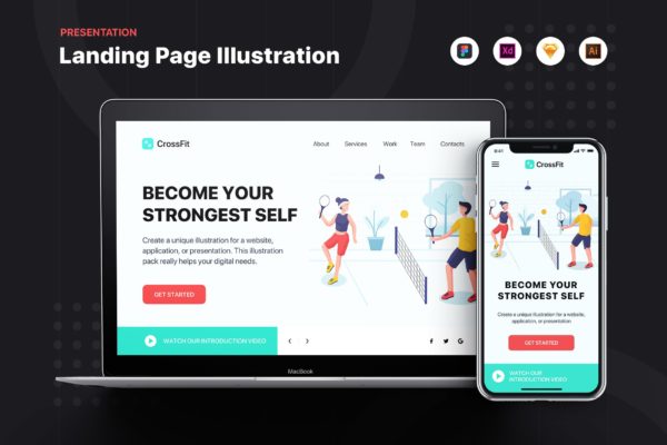 网球训练主题网站Banner&amp;着陆页设计插画素材 CrossFit – Banner &amp; Landing Page