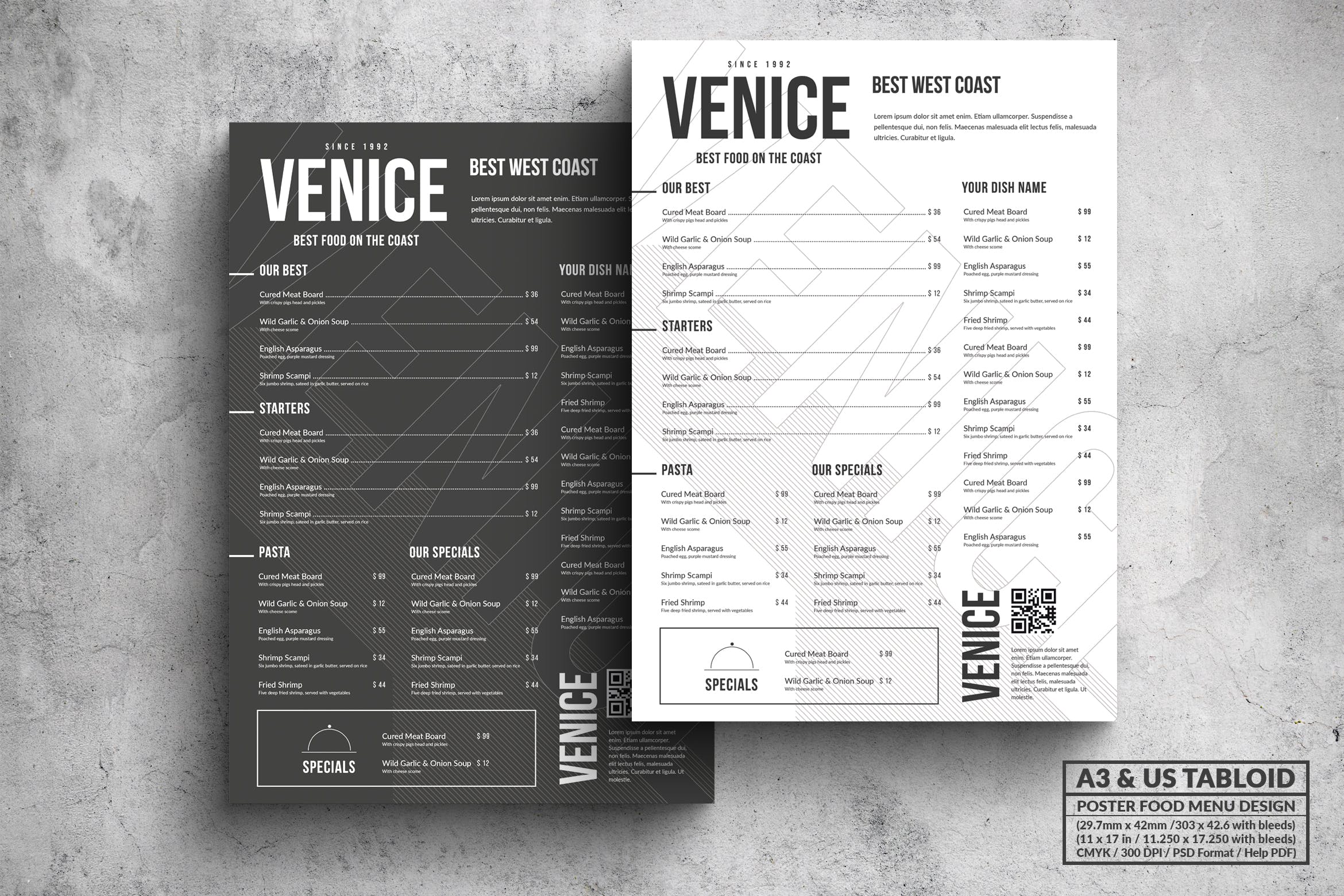 极简设计风格西餐菜单海报PSD素材素材库精选模板 Venice Minimal Food Menu – A3 & US Tabloid Poster插图