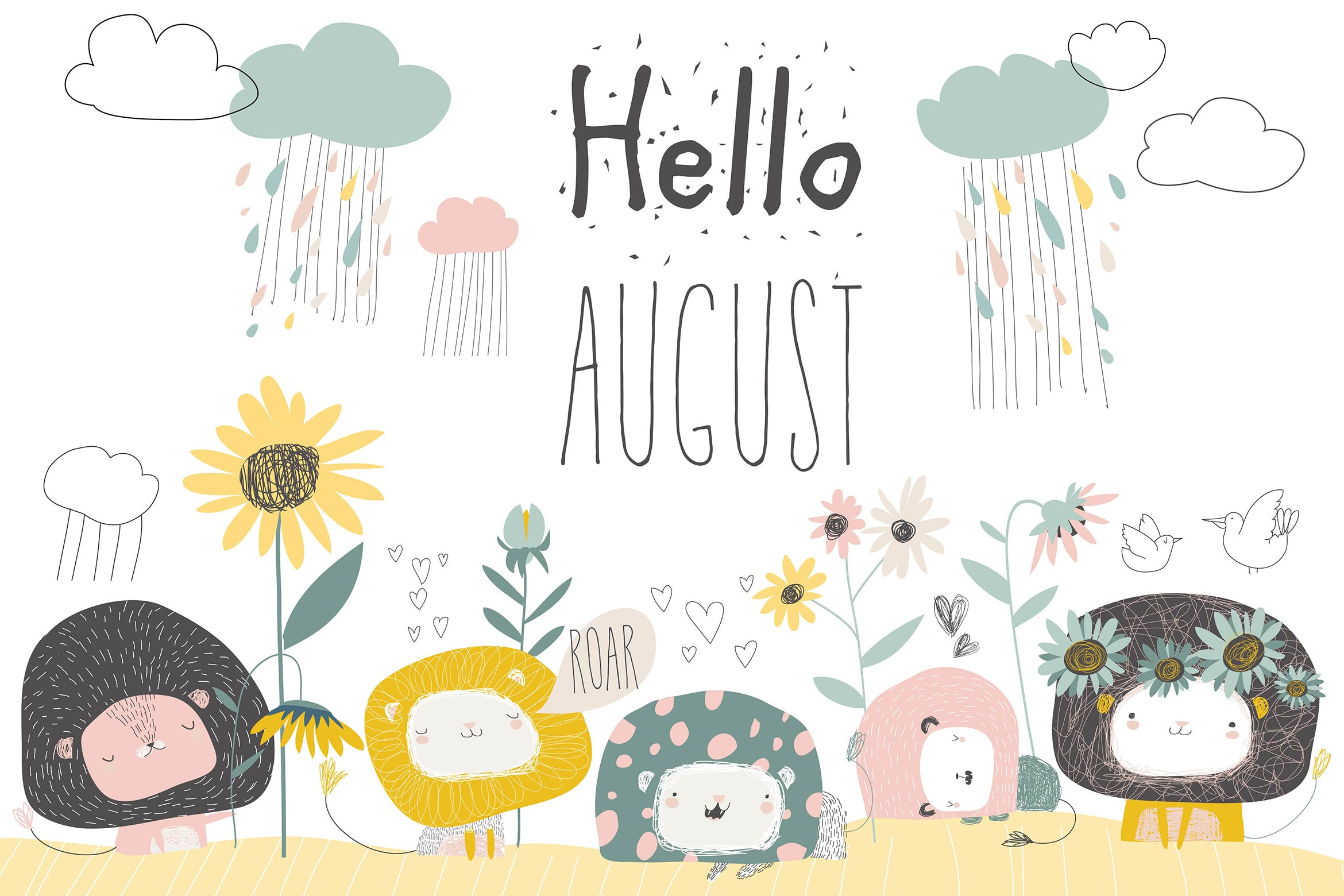 卡通可爱狮子/花卉/云朵矢量插画图片素材 Vector cute lions with flowers and clouds. Hello插图