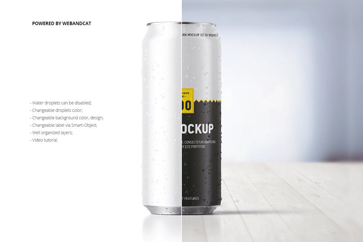 水滴效果图500毫升易拉罐外观设计效果图素材库精选 500ml Can Mockup with Water Droplets插图(1)