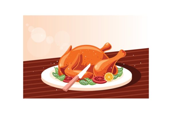 烤鸡美食素材矢量插画素材 Whole roasted chicken on wooden cutting board