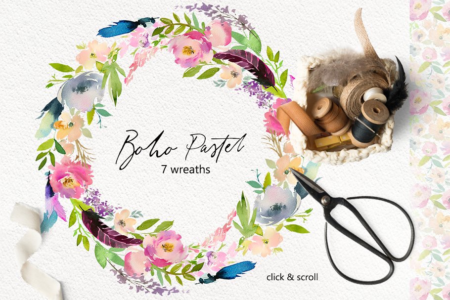 波希米亚式水粉花卉素材集 Boho Pastel Watercolor Flowers Set插图(3)