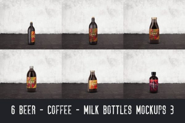 6个啤酒/咖啡/牛奶瓶外观设计素材库精选v3 6 Beer Coffee Milk Bottles Mockups 3