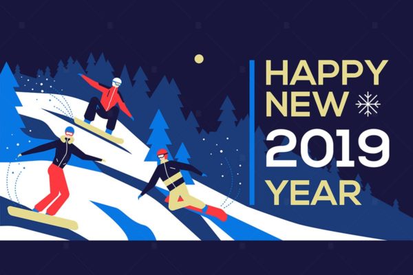 新年主题滑雪场景扁平设计插画素材 Happy new year 2019 – flat design illustration