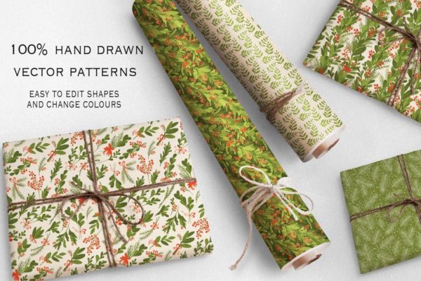 圣诞节主题绿色植物手绘图案背景素材 Green Christmas