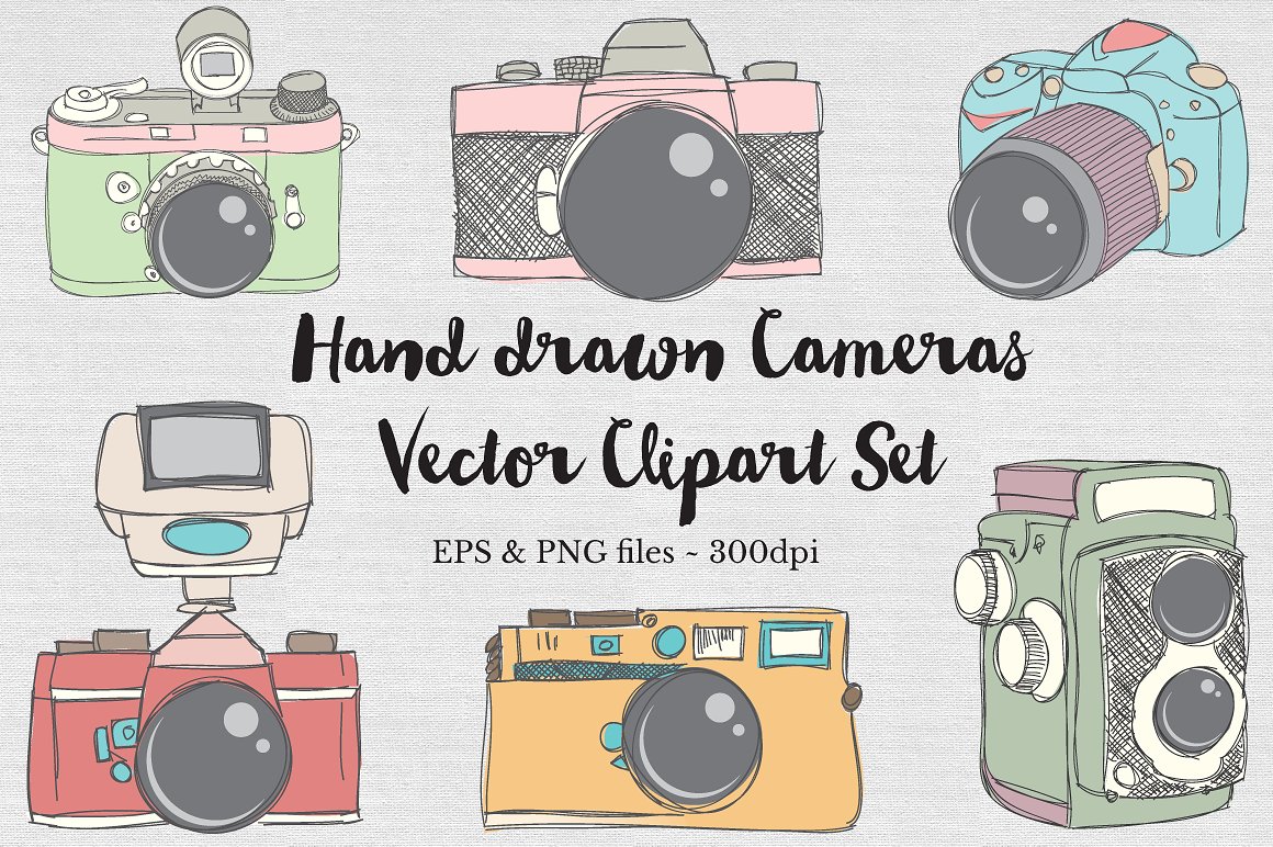 手绘单反相机矢量图形 Hand drawn Vector Camera Images插图