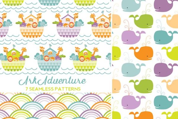 可爱的诺亚方舟动物探险无缝图案 Ark Adventure Seamless Patterns