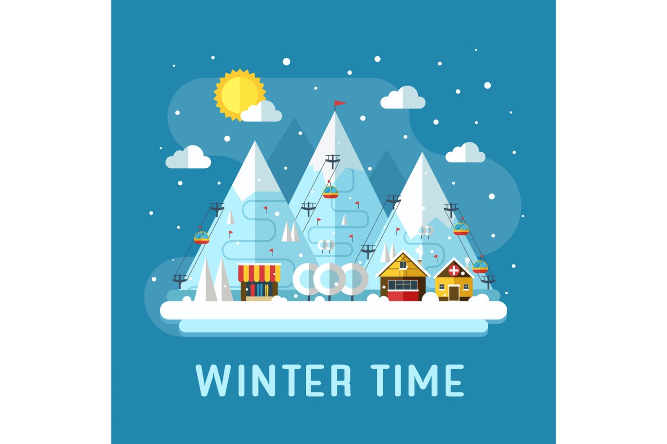 冬季滑雪场场景扁平化设计风格矢量插画素材库精选 Winter Ski Resort Vacation Flat Landscape插图