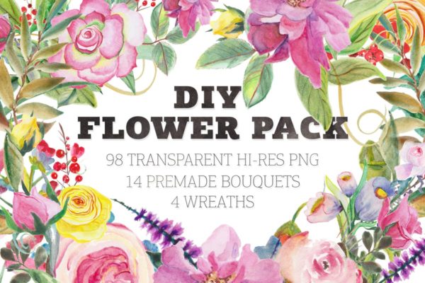 高品质花卉水彩DIY剪贴画合集 Watercolor DIY Pack