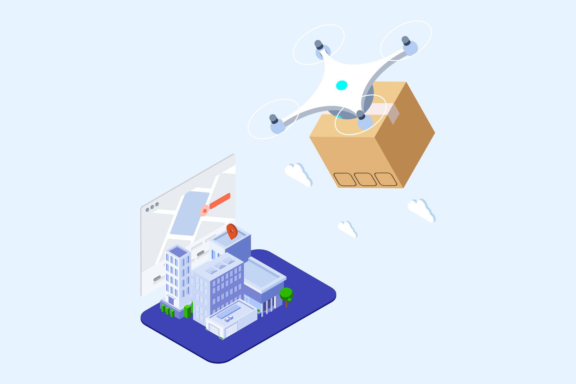 无人机快递派送场景等距素材库精选概念插画v2 Drones Delivery Isometric Illustration – T2插图