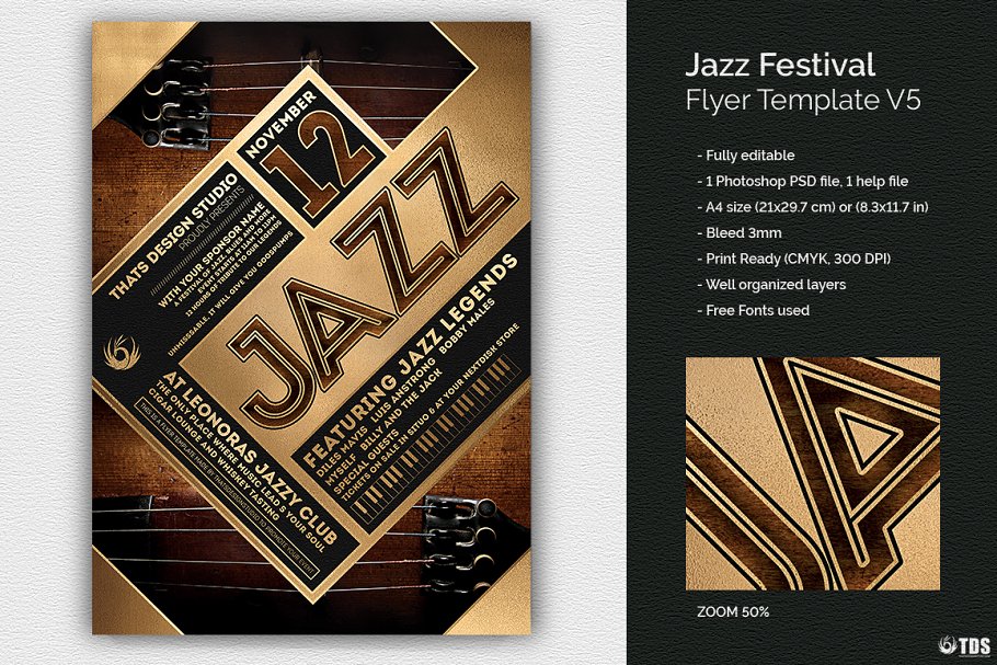 爵士音乐派对传单PSD模板v5 Jazz Festival Flyer PSD V5插图