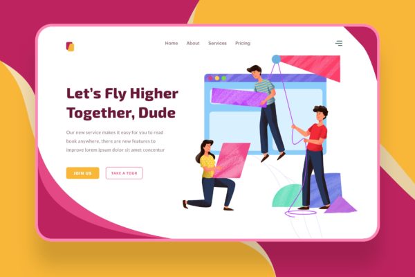 团队成长提升计划主题网站设计矢量插画素材 Let’s Fly Higher illustration – Website Header