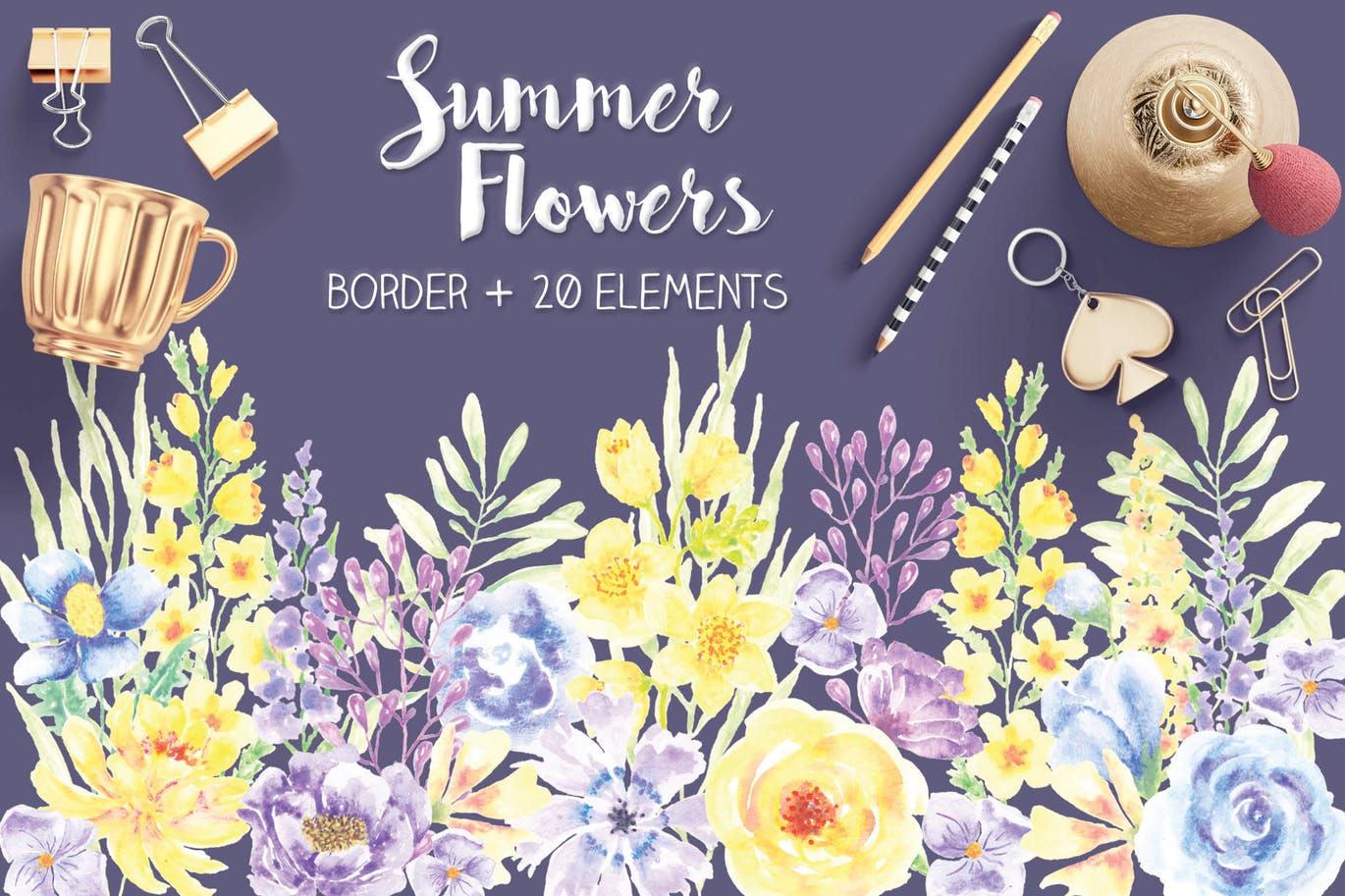 夏天花卉水彩手绘装饰框&设计元素PNG素材 Summer Flowers: Border and Elements in Watercolor插图