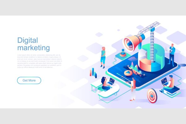 数字营销主题网站设计等距素材库精选概念插画 Digital Marketing Isometric Flat Concept Header