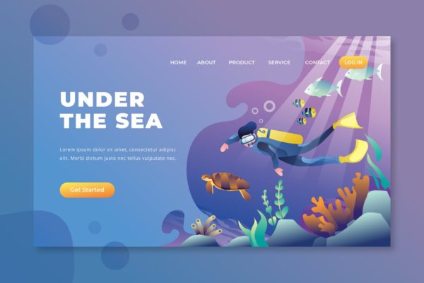 海底世界主题矢量插画网站着陆页设计PSD&amp;AI模板 Under The Sea – PSD and AI Vector Landing Page
