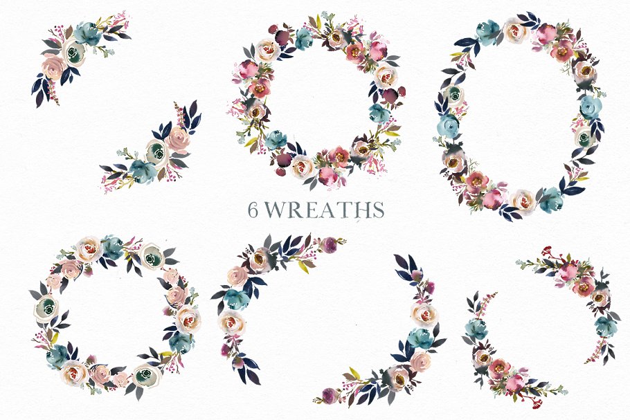 暗蓝色&薄雾玫瑰波希米亚式水彩花卉 Dusk Blue & Misty Rose Boho Flowers插图(3)