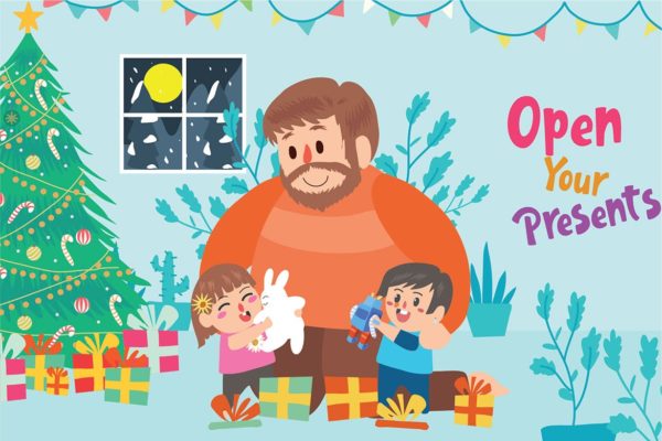 圣诞节拆礼物场景矢量插画素材 Christmas Presents – Vector Illustration