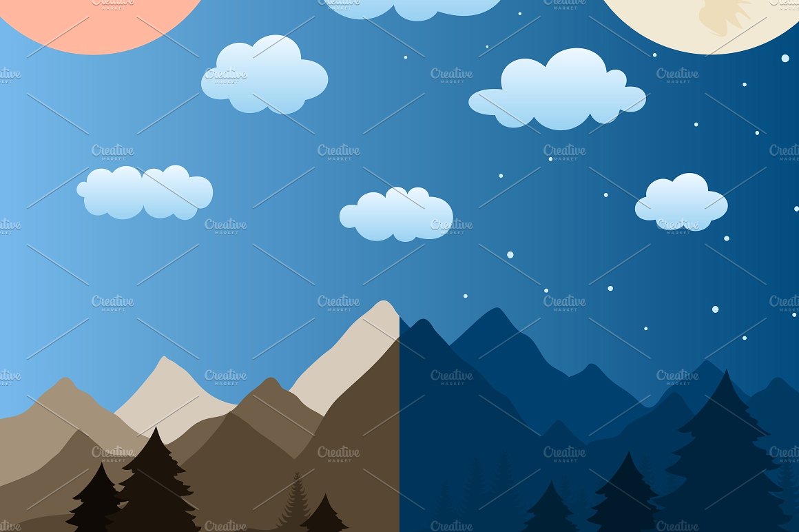 白天黑夜两种风格山景矢量图形 Mountains插图