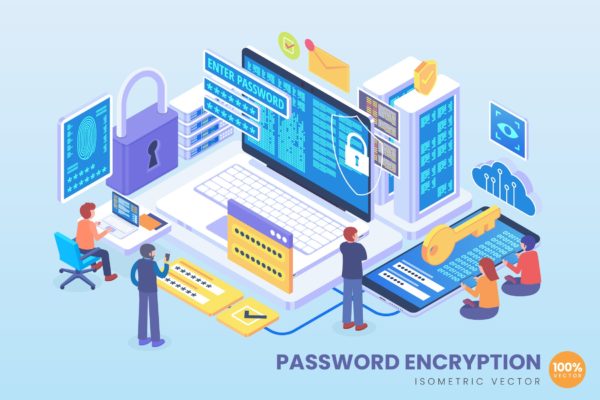 密码保护技术等距矢量科技素材库精选概念插画 Isometric Password Encryption Technology Vector