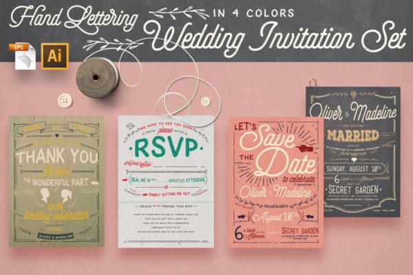 复古手写字邀请函/请帖设计模板套装 Vintage Hand Lettering Invitation Set