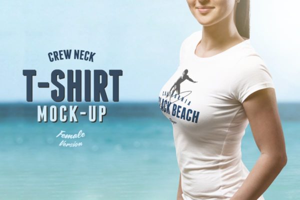 圆领T恤性感模特上身效果样机模板 Crew Neck T-shirt Mock-up Female Version