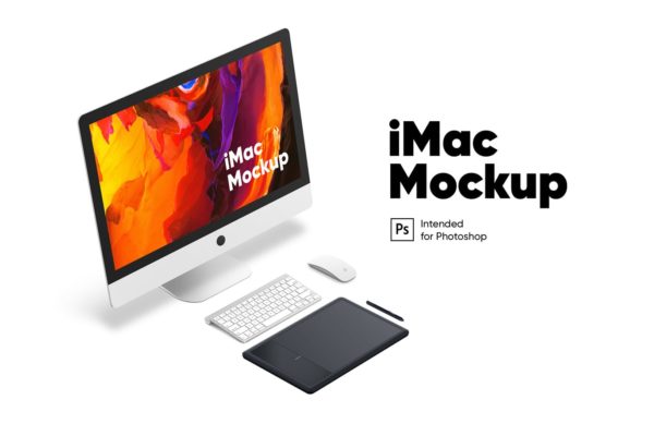 简约工作场景iMac一体机电脑设计演示素材库精选样机模板 Workplace iMac mockup
