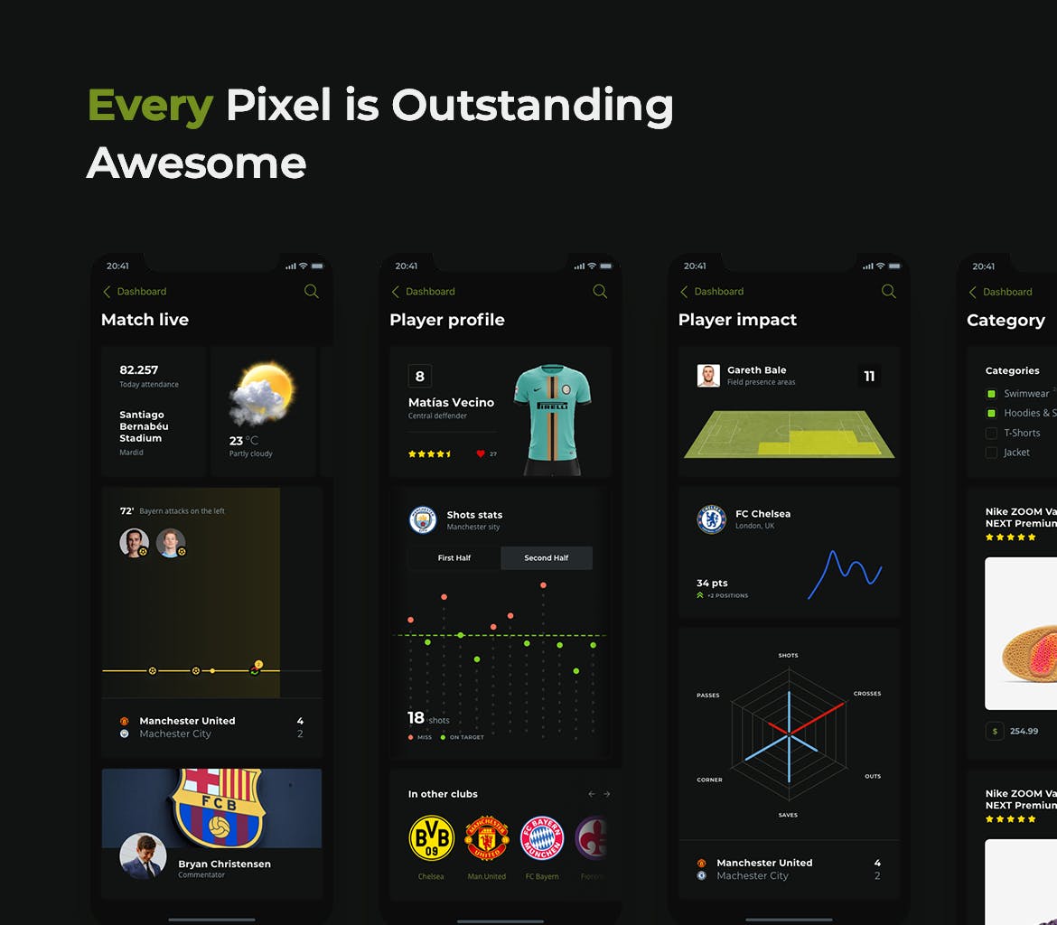 足球赛事APP应用UI设计素材库精选套件[黑暗模式版本] Soccer mobile app – Dark UI插图(5)