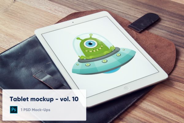 实木办公桌场景皮套上的平板电脑屏幕演示素材库精选样机 Tablet on Leather Case on Wooden Desk Mockup