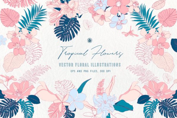 热带花卉水彩手绘剪贴画素材 Tropical Flowers