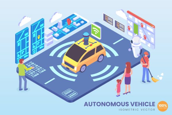 AI智能驾驶技术等距矢量素材库精选概念插画素材 Isometric Autonomous Vehicle Technology Vector