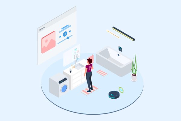 家庭智能音响系统场景2.5D等距概念矢量插画v1 Smart Echo Isometric Illustration – T2
