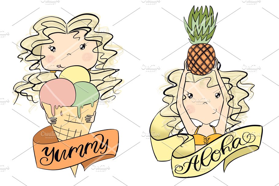 4组夏日少女剪贴画 Collection of 4 Sets Girls Summer插图(8)