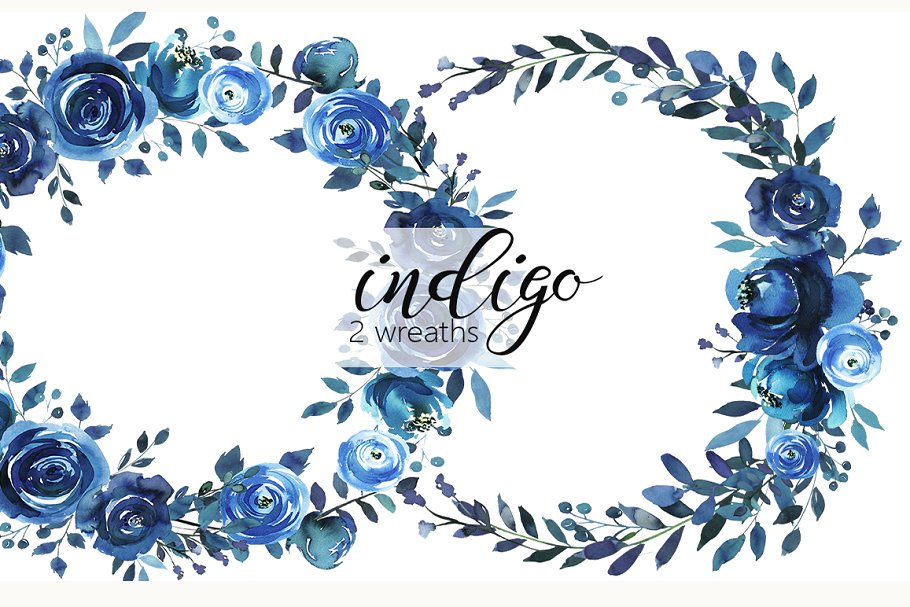 靛蓝水彩花卉剪贴画 Indigo Blue Watercolor Flowers Set插图(3)