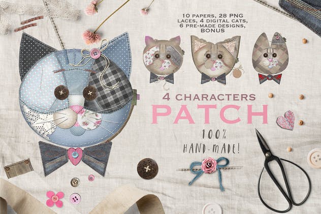 卡通猫布艺拼接图案剪贴画 CATS ON PATCH插图(1)