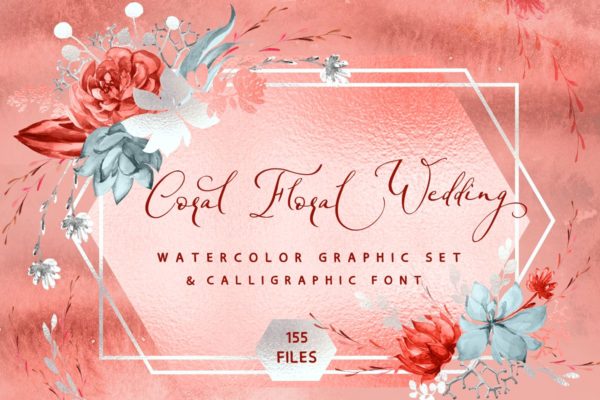 珊瑚花卉婚礼图案&amp;字体套装