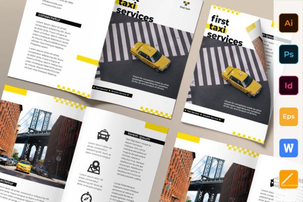 出租车/网约车服务对折宣传册设计模板 Taxi Services Brochure Bifold