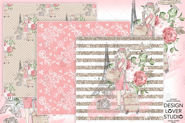 旅行花卉元素剪贴画素材合集 Travel woman digital paper pack插图(1)