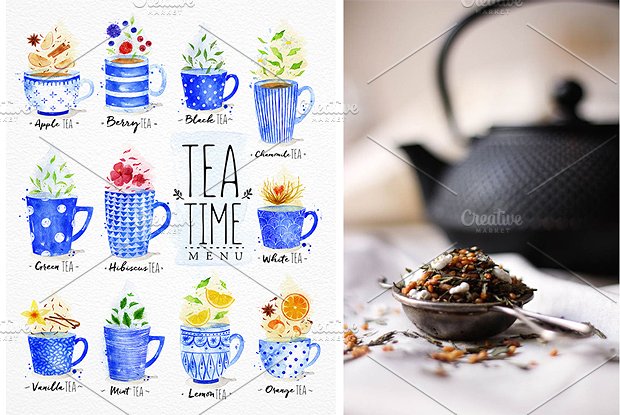 美丽如诗现代茶饮水彩菜单 Watercolor Tea Menu插图(4)