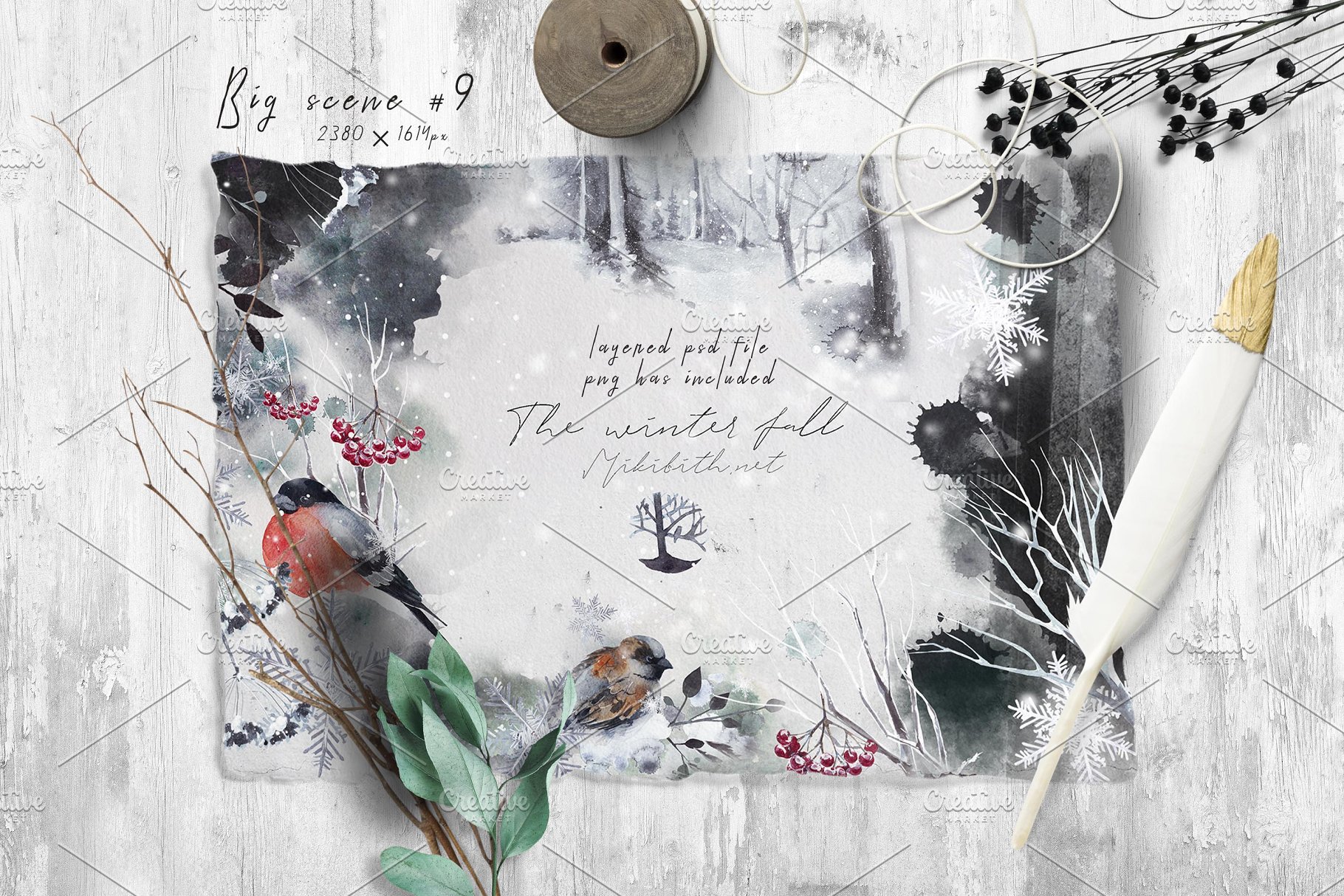 乌鸦、鸟、冬季风景、场景、水彩造型&字体 [2.81GB, 格式PNG, PSD,JPG &HTML] Ravens & birds vol.1插图(10)