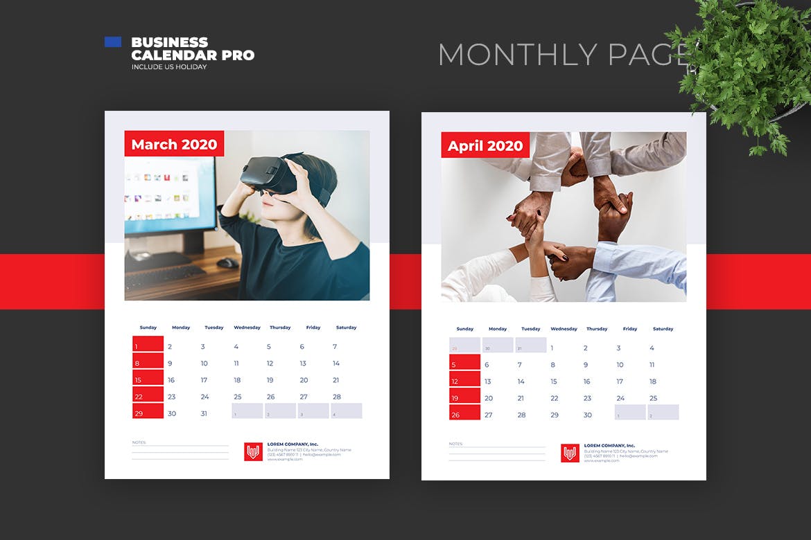 简约商务设计风格2020年日历表设计模板v1 2020 Clean Business Calendar with US Holiday插图(4)