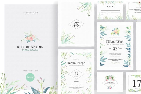 春天之吻水彩装饰婚礼设计物料模板 Kiss Of Spring Wedding Collection