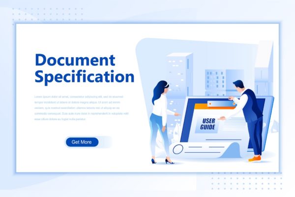 文档规范主题网站设计矢量插画素材 Document Specification Flat Landing Page Header