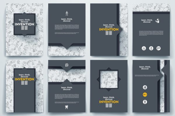 涂鸦背景发明主题小册子模板 Invention doodle brochures.