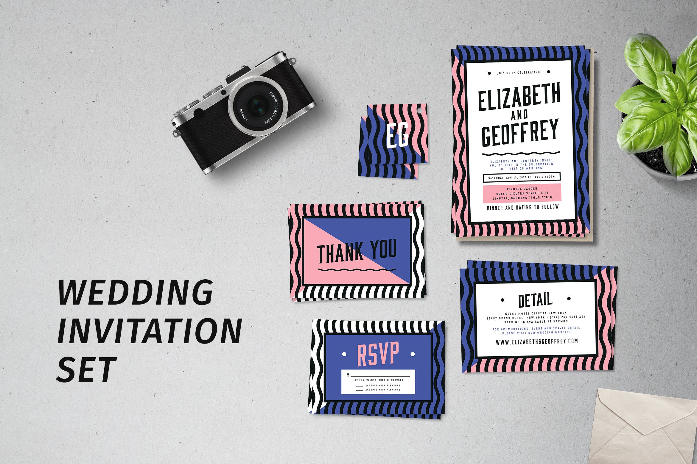 孟菲斯设计风格婚礼邀请函设计套装 Memphis Wedding Invitation Set插图