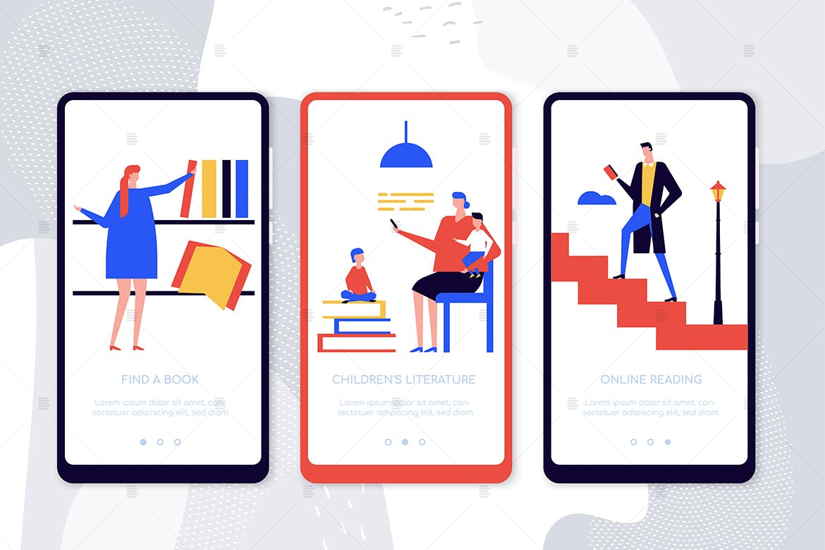 在线阅读APP应用引导页屏幕界面素材库精选概念插画 Online reading onboarding screens cartoon concept插图