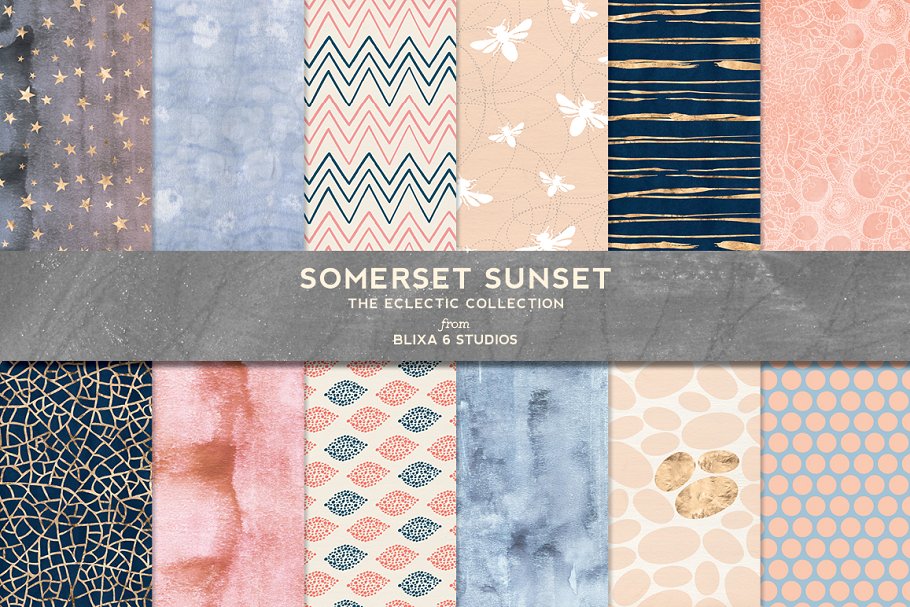 一组柔和温暖的水彩画背景纹理  Somerset Sunset Gold & Watercolors插图