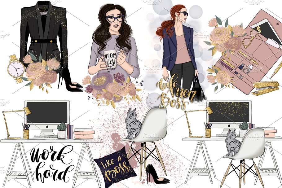 女强人女性形象手绘插画素材 Mom Boss Hand Drawn Illustrations插图(2)