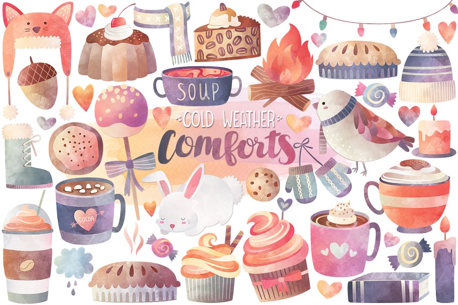 秋冬主题水彩剪切画（39款独立元素） Watercolor Autumn & Winter Clipart插图