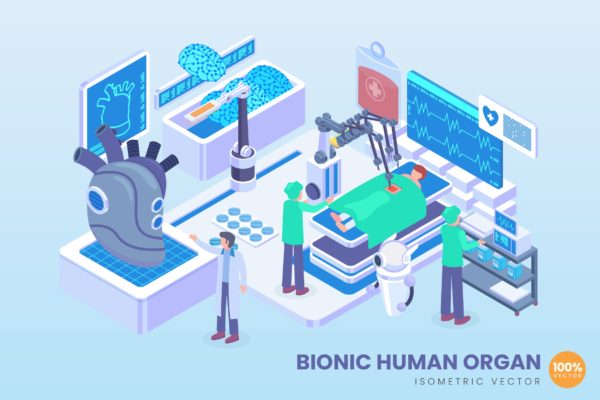 仿生人体器官主题等距矢量科技素材库精选概念插画v1 Isometric Bionic Human Organ Vector Concept